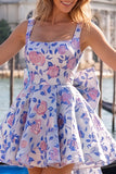 Light Blue Square Neck A-Line Cocktail Dress with Bow