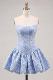 Blue Strapless Jacquard A-Line Floral Corset Graduation Dress