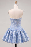 Blue Strapless Jacquard A-Line Floral Corset Graduation Dress