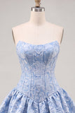 Blue Strapless Jacquard A-Line Floral Corset Graduation Dress