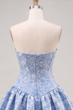 Blue Strapless Jacquard A-Line Floral Corset Graduation Dress
