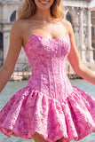 Blue Strapless Jacquard A-Line Floral Corset Graduation Dress