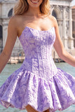 Blue Strapless Jacquard A-Line Floral Corset Graduation Dress