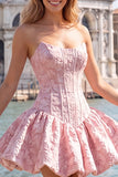 Blue Strapless Jacquard A-Line Floral Corset Graduation Dress
