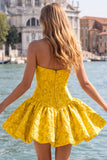 Blue Strapless Jacquard A-Line Floral Corset Graduation Dress