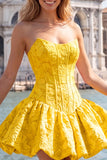 Blue Strapless Jacquard A-Line Floral Corset Graduation Dress