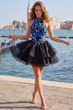 Halter Ruffled A-Line Gold and Black Party Dress with Lace Up Back