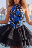 Halter Ruffled A-Line Gold and Black Party Dress with Lace Up Back