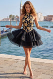 Halter Ruffled A-Line Gold and Black Party Dress with Lace Up Back