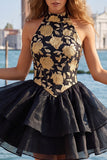 Halter Ruffled A-Line Gold and Black Party Dress with Lace Up Back
