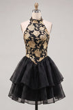 Halter Ruffled A-Line Gold and Black Party Dress with Lace Up Back