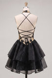 Halter Ruffled A-Line Gold and Black Party Dress with Lace Up Back
