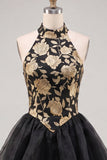 Halter Ruffled A-Line Gold and Black Party Dress with Lace Up Back