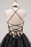 Halter Ruffled A-Line Gold and Black Party Dress with Lace Up Back
