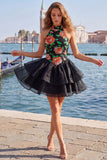 Halter Ruffled A-Line Gold and Black Party Dress with Lace Up Back