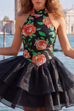 Halter Ruffled A-Line Gold and Black Party Dress with Lace Up Back
