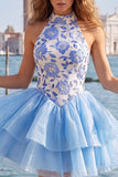 Halter Ruffled A-Line Gold and Black Party Dress with Lace Up Back