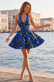 Halter Light Blue Floral A-Line Cut Out Corset Graduation Dress