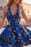 Halter Light Blue Floral A-Line Cut Out Corset Graduation Dress