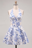 Halter Light Blue Floral A-Line Cut Out Corset Graduation Dress