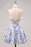 Halter Light Blue Floral A-Line Cut Out Corset Graduation Dress
