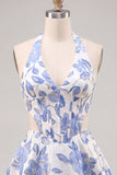 Halter Light Blue Floral A-Line Cut Out Corset Graduation Dress