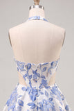 Halter Light Blue Floral A-Line Cut Out Corset Graduation Dress
