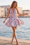 Halter Light Blue Floral A-Line Cut Out Corset Graduation Dress