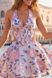 Halter Light Blue Floral A-Line Cut Out Corset Graduation Dress