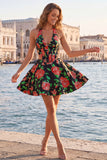 Halter Light Blue Floral A-Line Cut Out Corset Graduation Dress