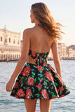 Halter Light Blue Floral A-Line Cut Out Corset Graduation Dress