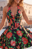 Halter Light Blue Floral A-Line Cut Out Corset Graduation Dress