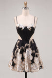 Black Corset A-Line Cut Out Floral Party Dress with Lace Up Back