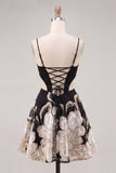 Black Corset A-Line Cut Out Floral Party Dress with Lace Up Back