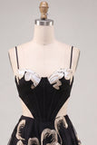 Black Corset A-Line Cut Out Floral Party Dress with Lace Up Back