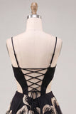 Black Corset A-Line Cut Out Floral Party Dress with Lace Up Back