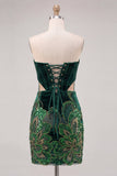 Strapless Dark Green Corset Bodycon Cut Out Party Dress with Sequins