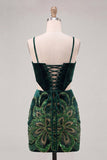 Dark Green Bodycon Corset Sequins Cut Out Party Dress with Lace Up Back