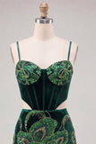 Dark Green Bodycon Corset Sequins Cut Out Party Dress with Lace Up Back