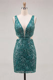 Sparkly Green Bodycon Cut Out V-Neck Short Party Dress with Sequins