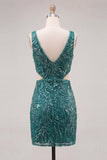 Sparkly Green Bodycon Cut Out V-Neck Short Party Dress with Sequins