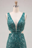 Sparkly Green Bodycon Cut Out V-Neck Short Party Dress with Sequins