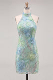 Halter Bodycon Mint Green Mini Party Dress with Sequins