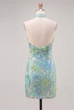 Halter Bodycon Mint Green Mini Party Dress with Sequins