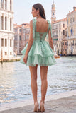Lilac Ruffled A Line Lace Up Back Graduation Dress with Pearls