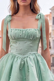 Lilac Ruffled A Line Lace Up Back Graduation Dress with Pearls