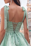 Lilac Ruffled A Line Lace Up Back Graduation Dress with Pearls