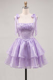 Lilac Ruffled A Line Lace Up Back Graduation Dress with Pearls
