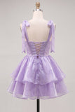 Lilac Ruffled A Line Lace Up Back Graduation Dress with Pearls