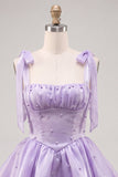 Lilac Ruffled A Line Lace Up Back Graduation Dress with Pearls